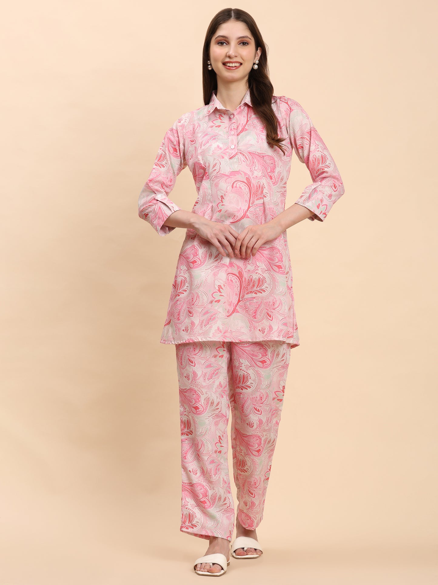 Noia Pink & White Paisley Shirt Collared Top with Trousers