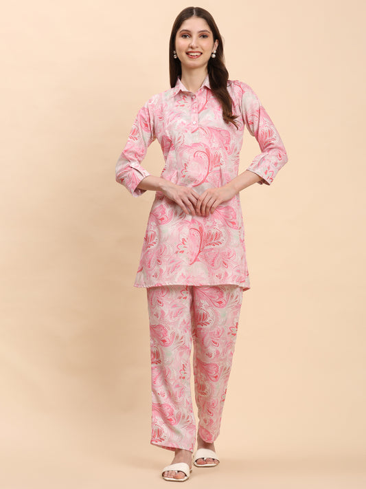 Noia Pink & White Paisley Shirt Collared Top with Trousers