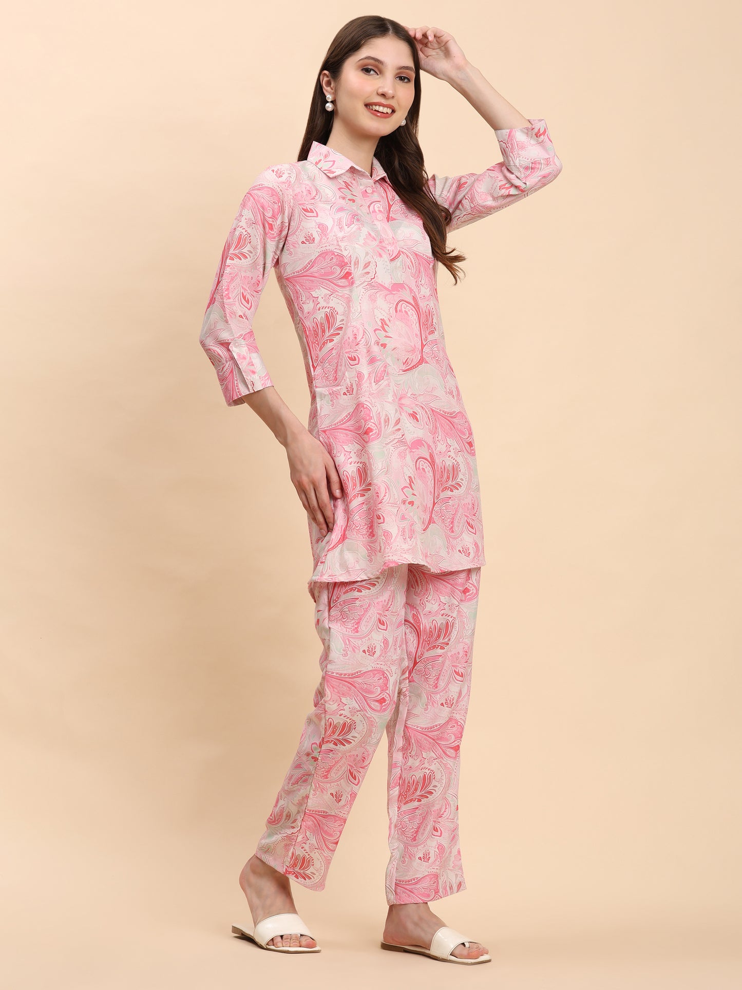 Noia Pink & White Paisley Shirt Collared Top with Trousers