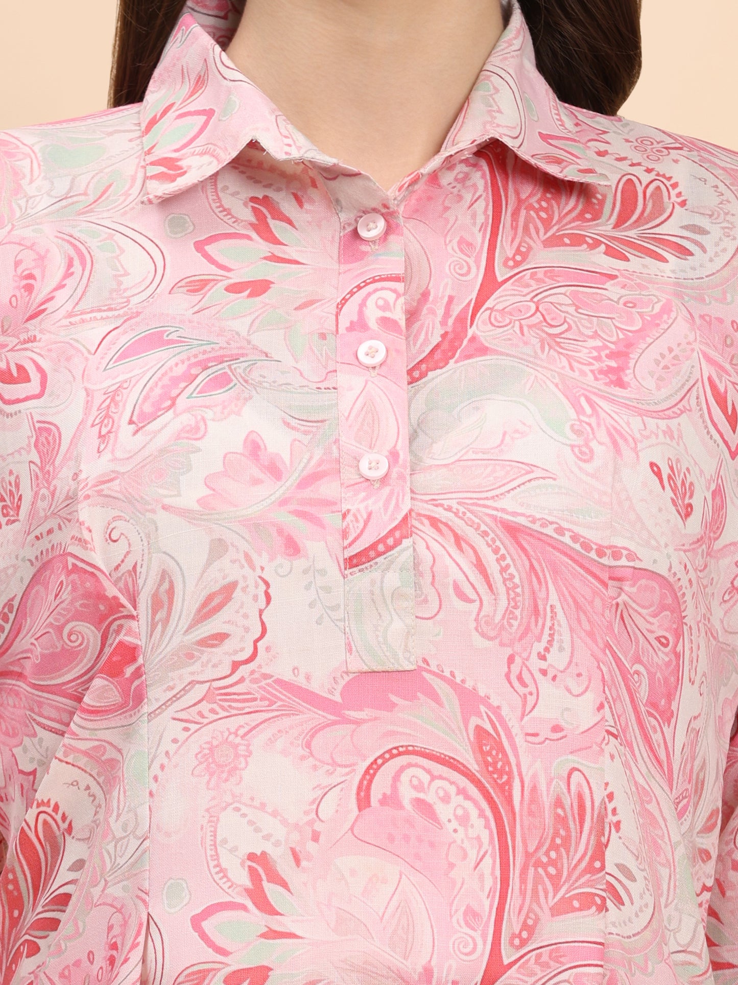 Noia Pink & White Paisley Shirt Collared Top with Trousers