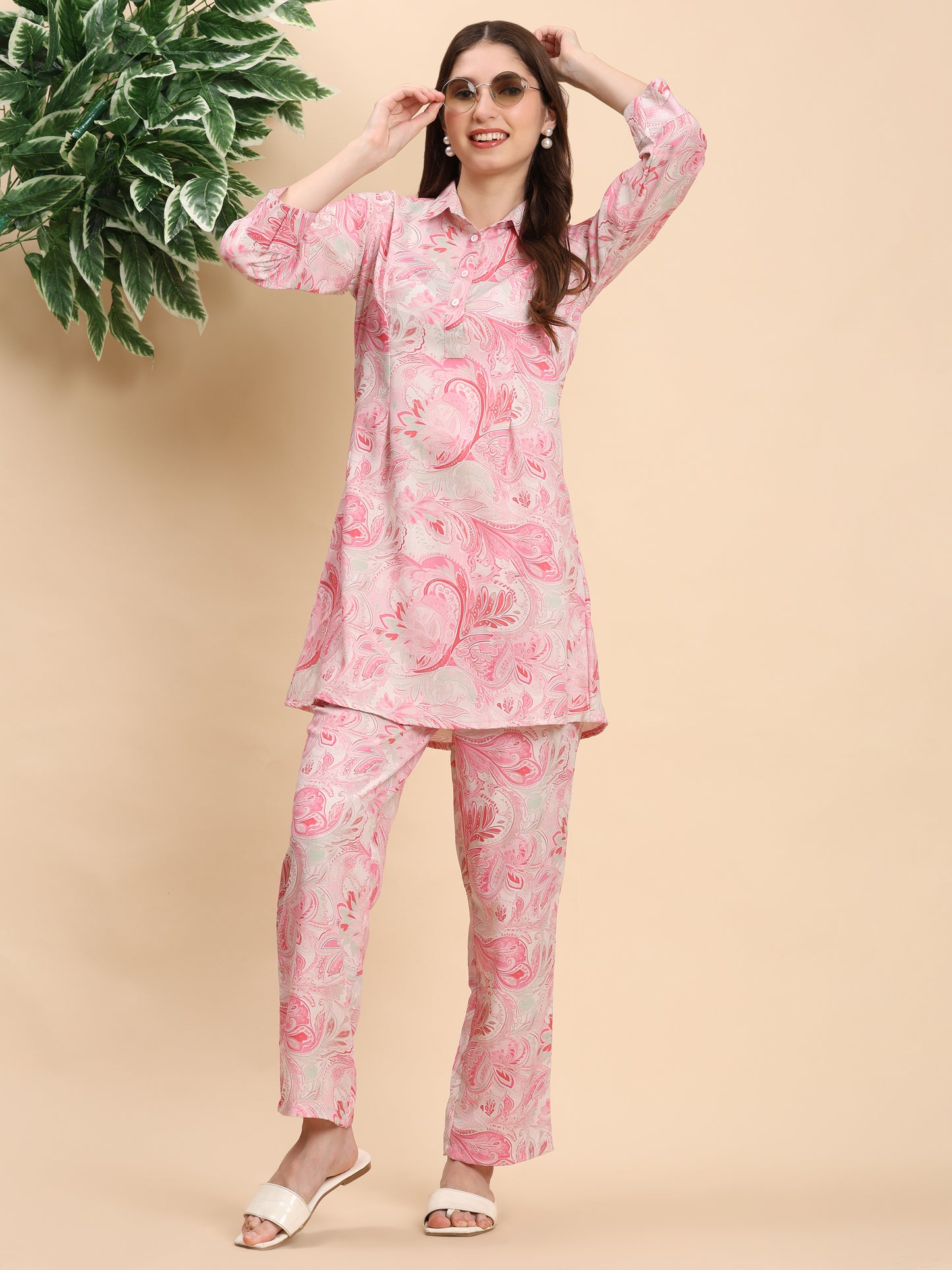 Noia Pink & White Paisley Shirt Collared Top with Trousers