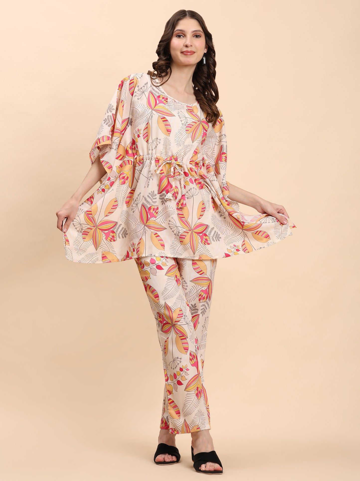 Noia Yellow & Multi Abstract Kaftan Top with Trousers