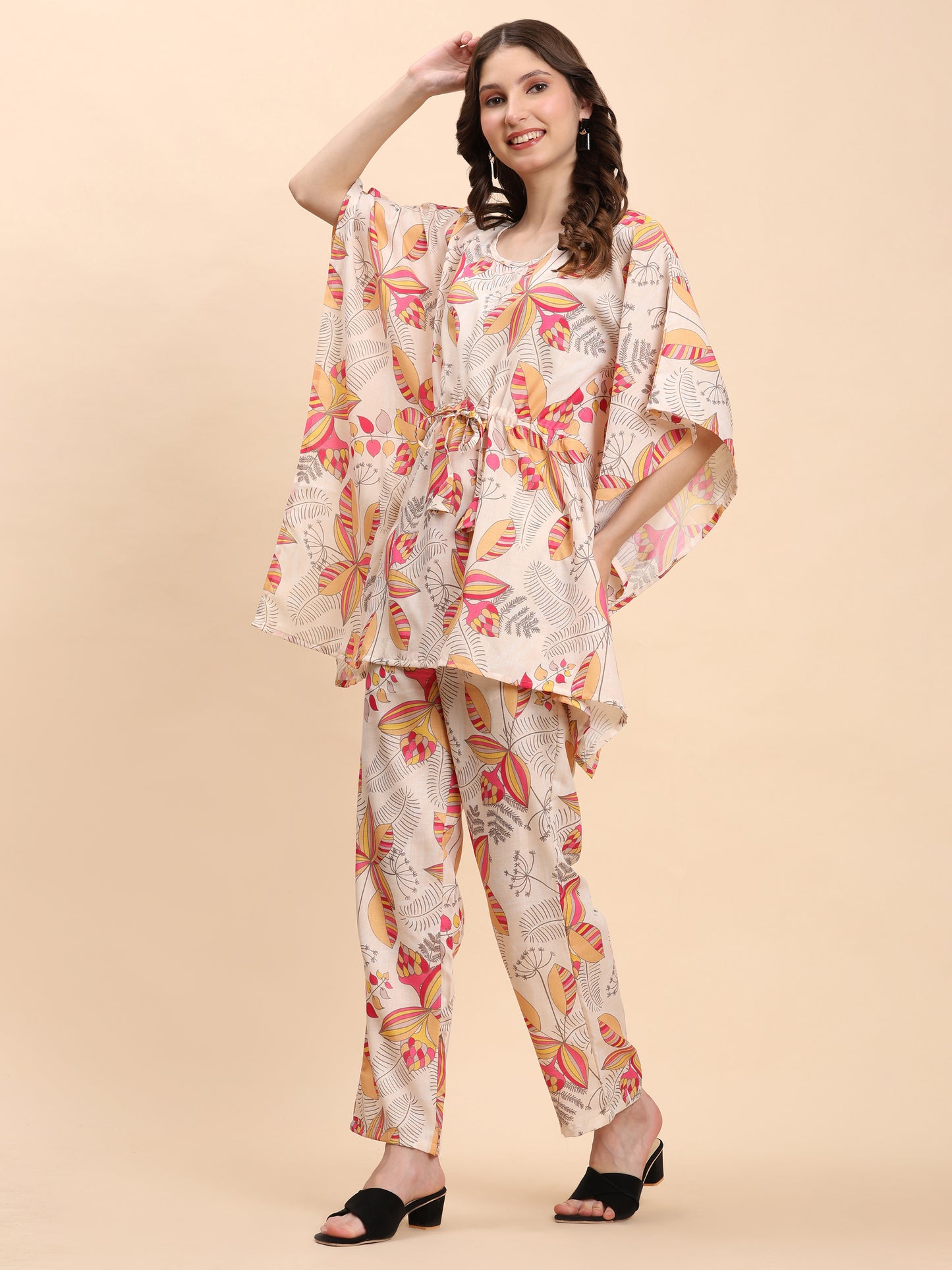 Noia Yellow & Multi Abstract Kaftan Top with Trousers