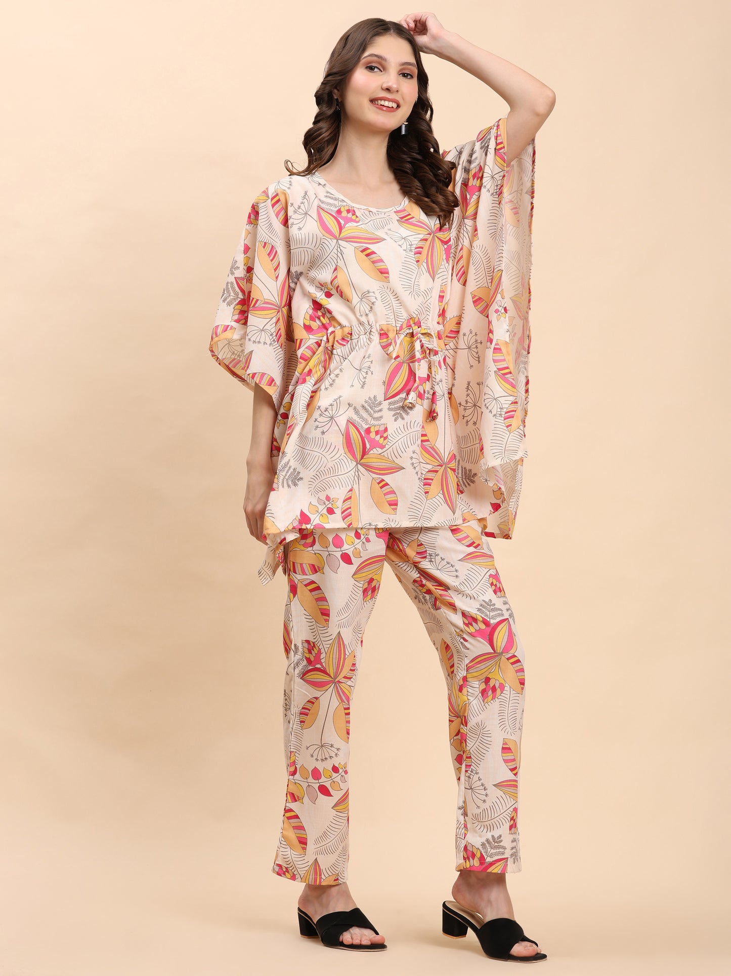 Noia Yellow & Multi Abstract Kaftan Top with Trousers