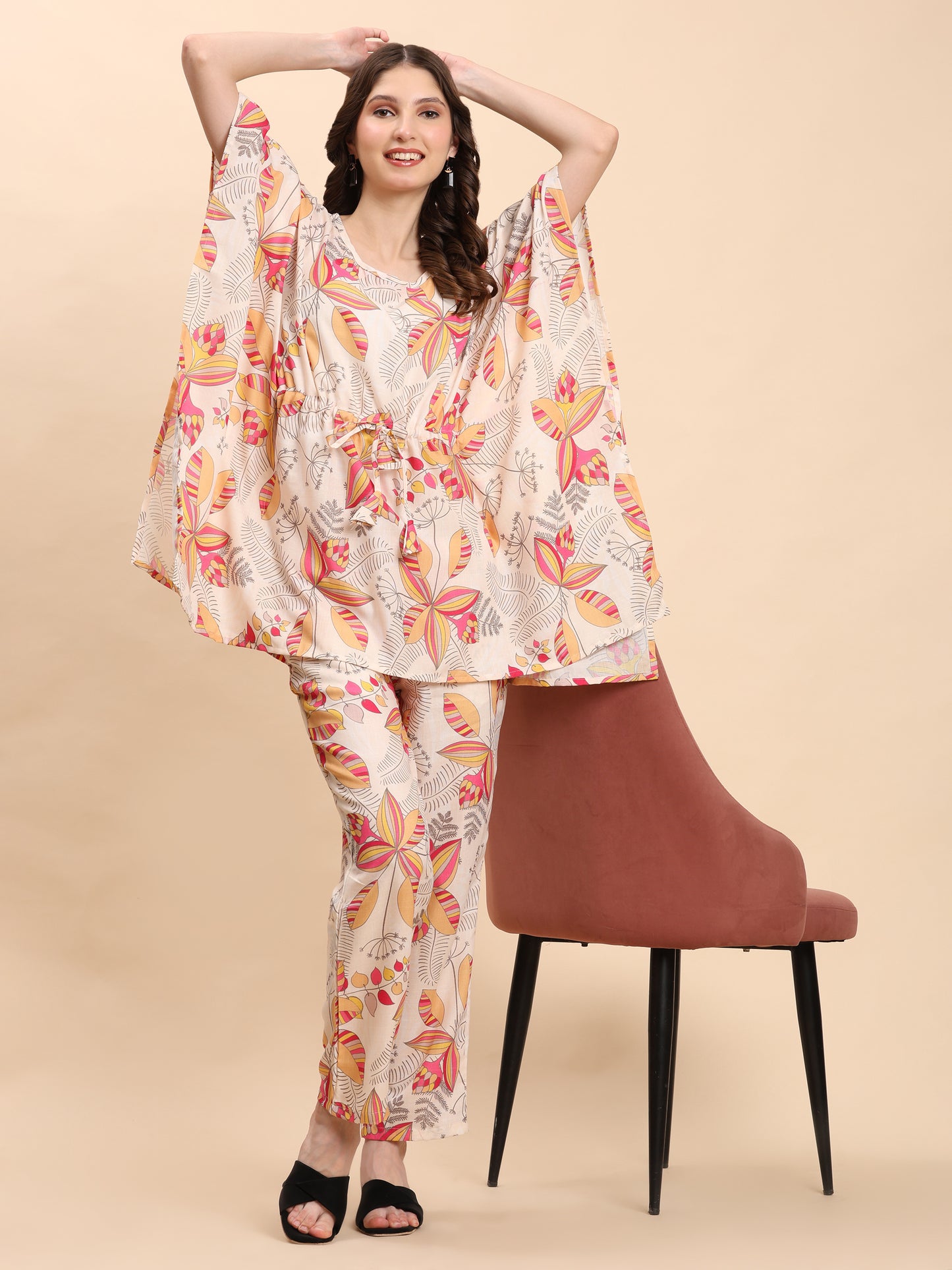 Noia Yellow & Multi Abstract Kaftan Top with Trousers