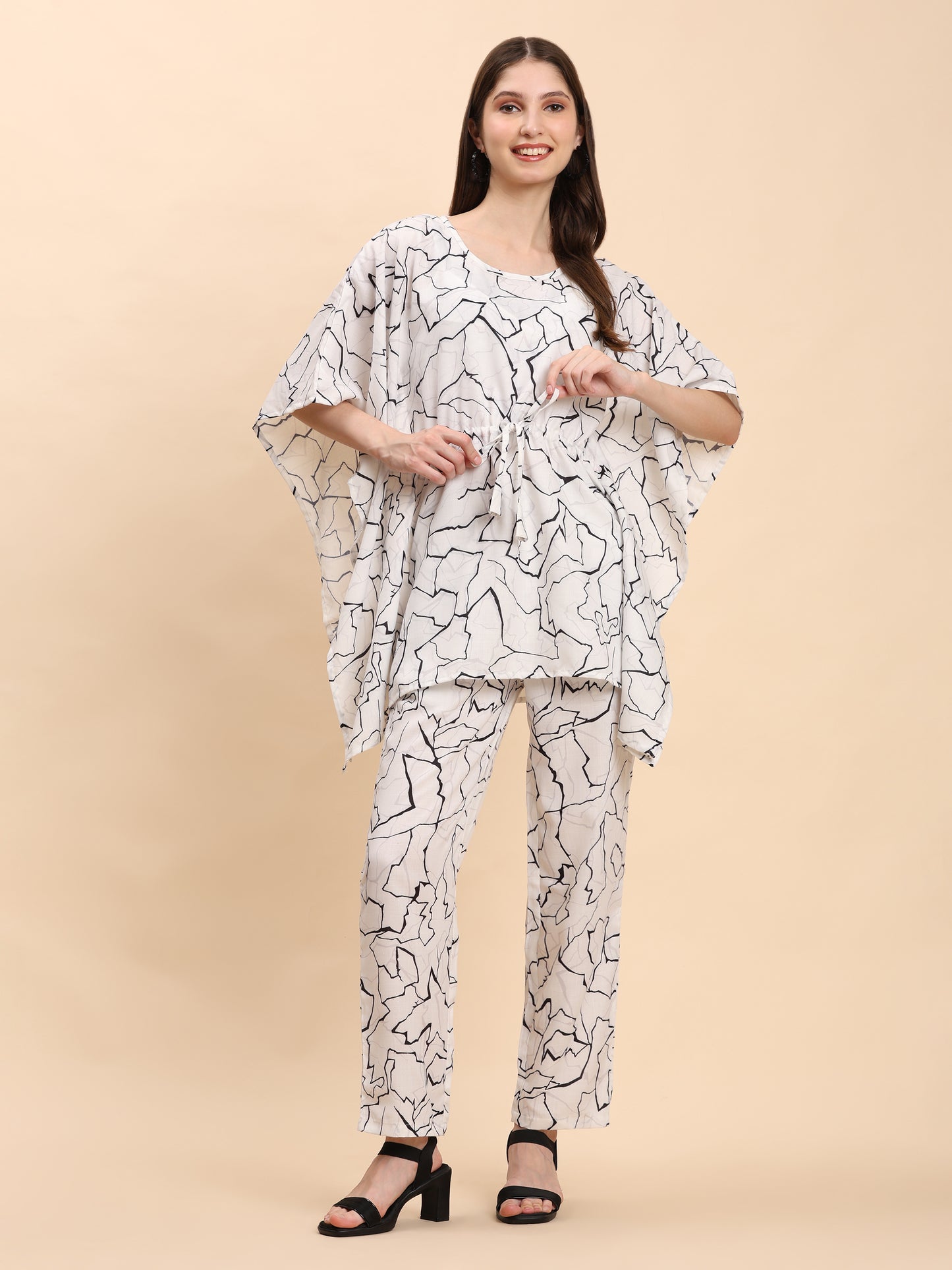 Noia White & Black Abstract Kaftan Top with Trousers