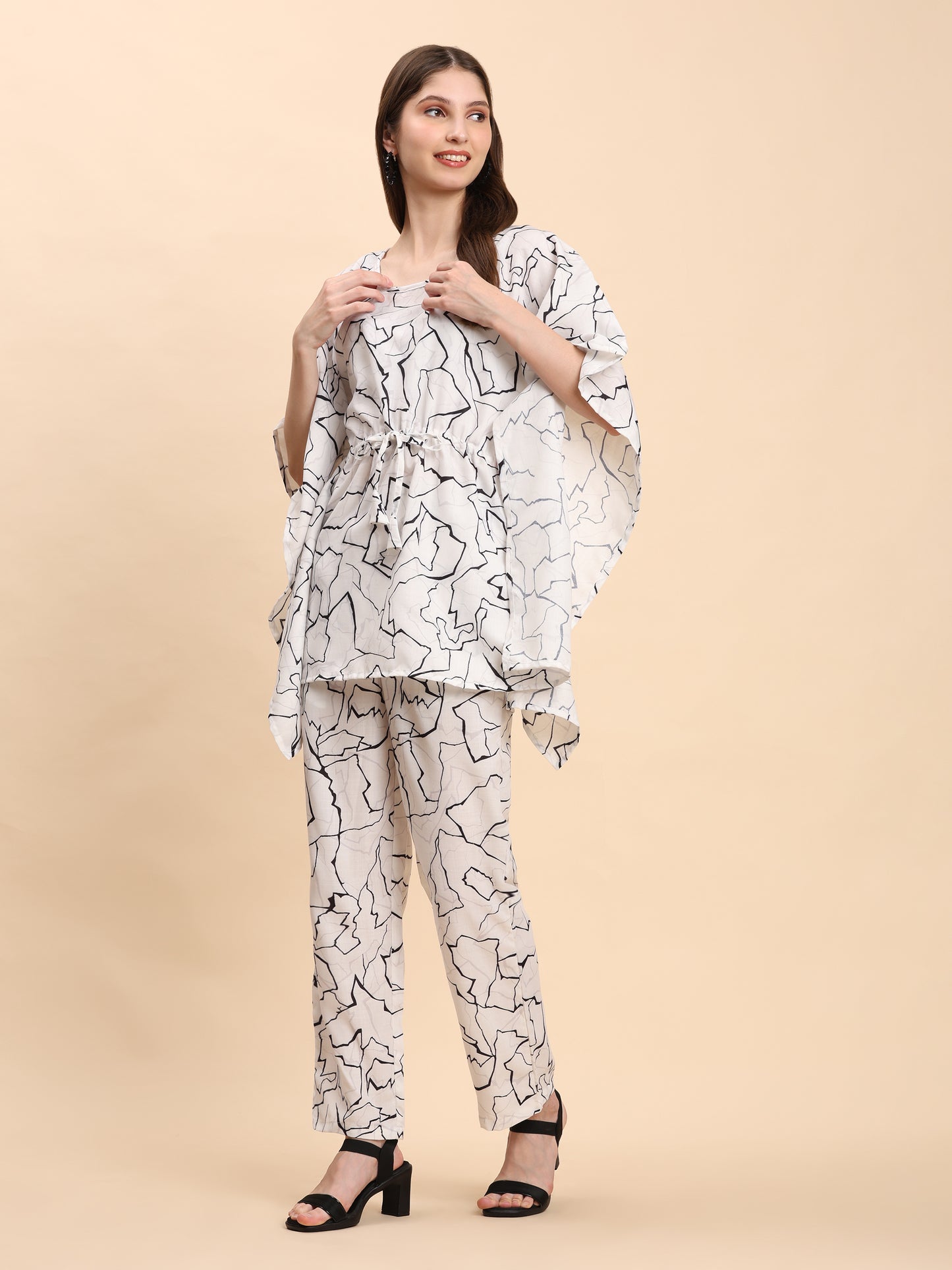 Noia White & Black Abstract Kaftan Top with Trousers