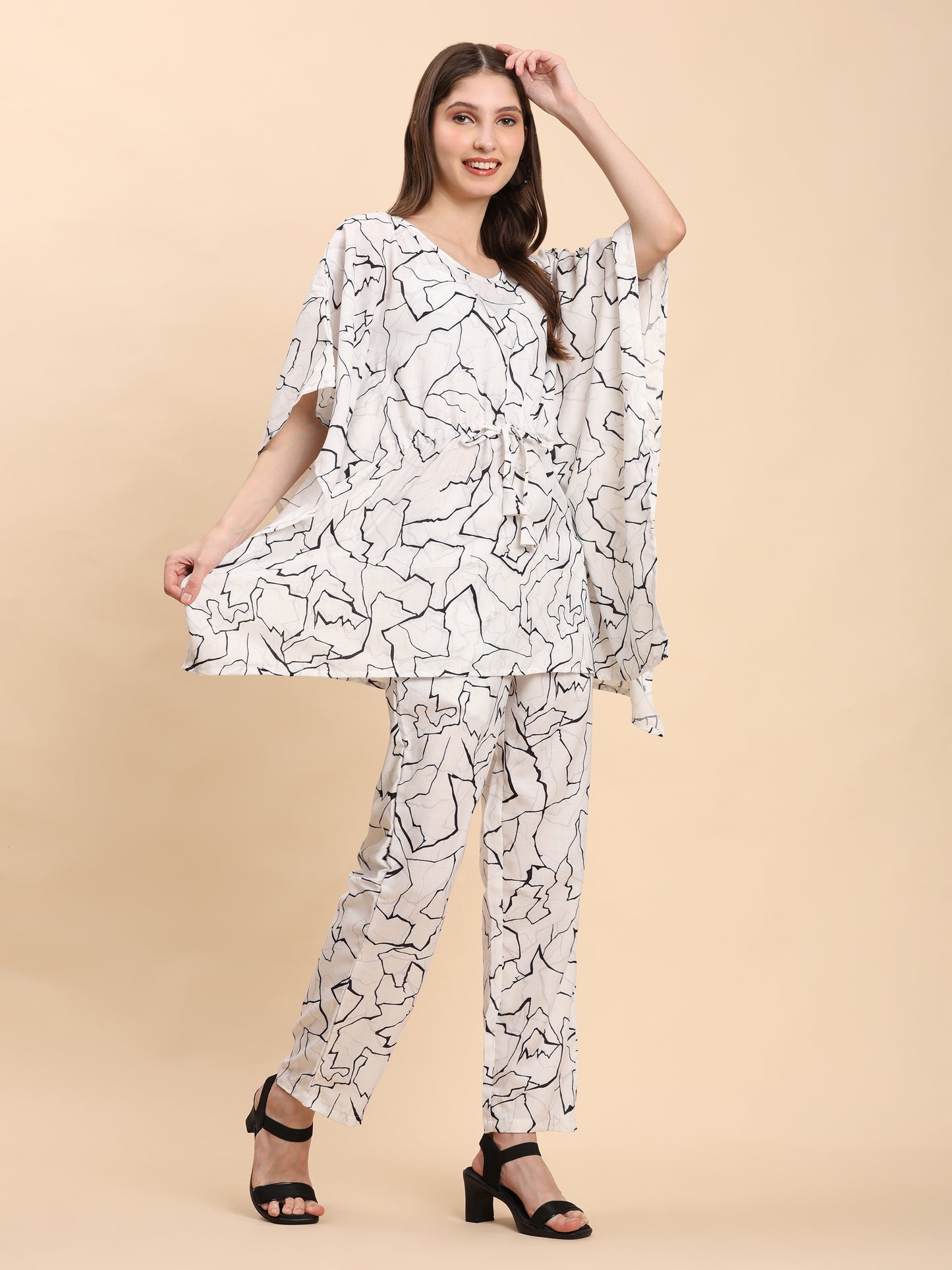 Noia White & Black Abstract Kaftan Top with Trousers
