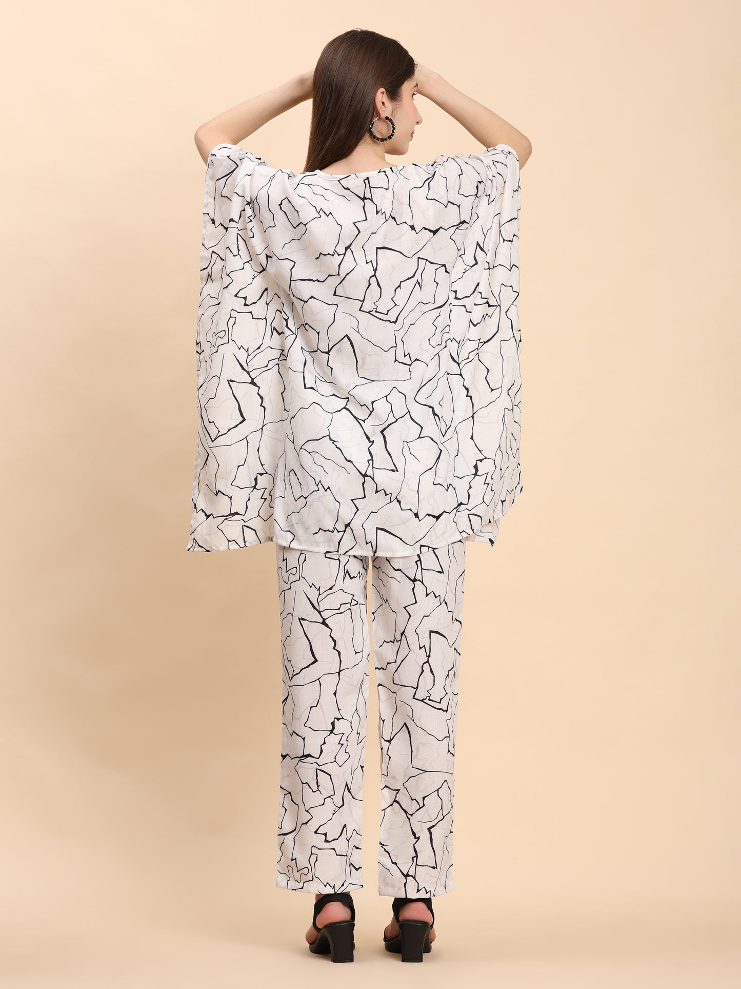 Noia White & Black Abstract Kaftan Top with Trousers