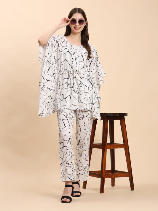 Noia White & Black Abstract Kaftan Top with Trousers
