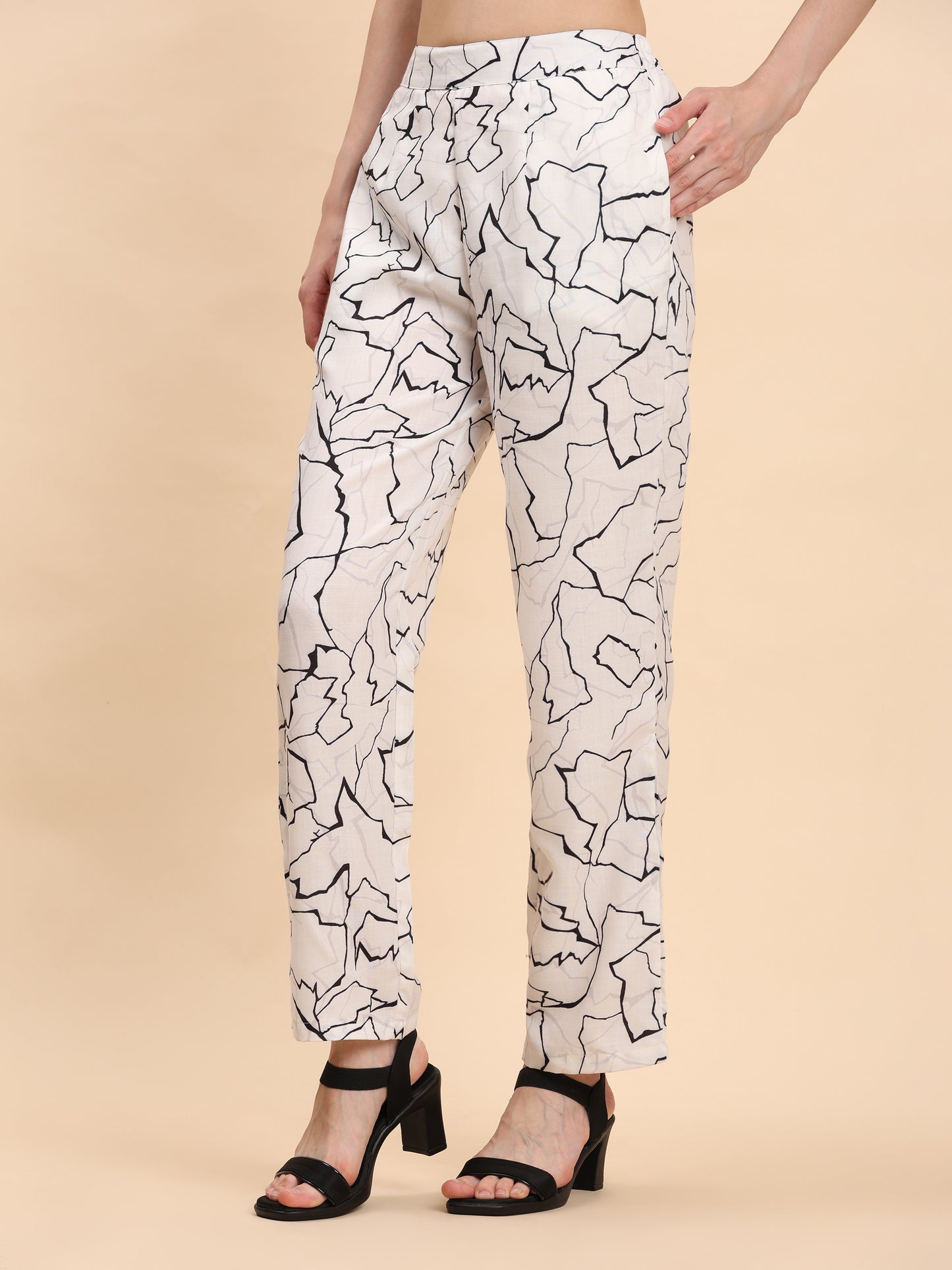 Noia White & Black Abstract Kaftan Top with Trousers