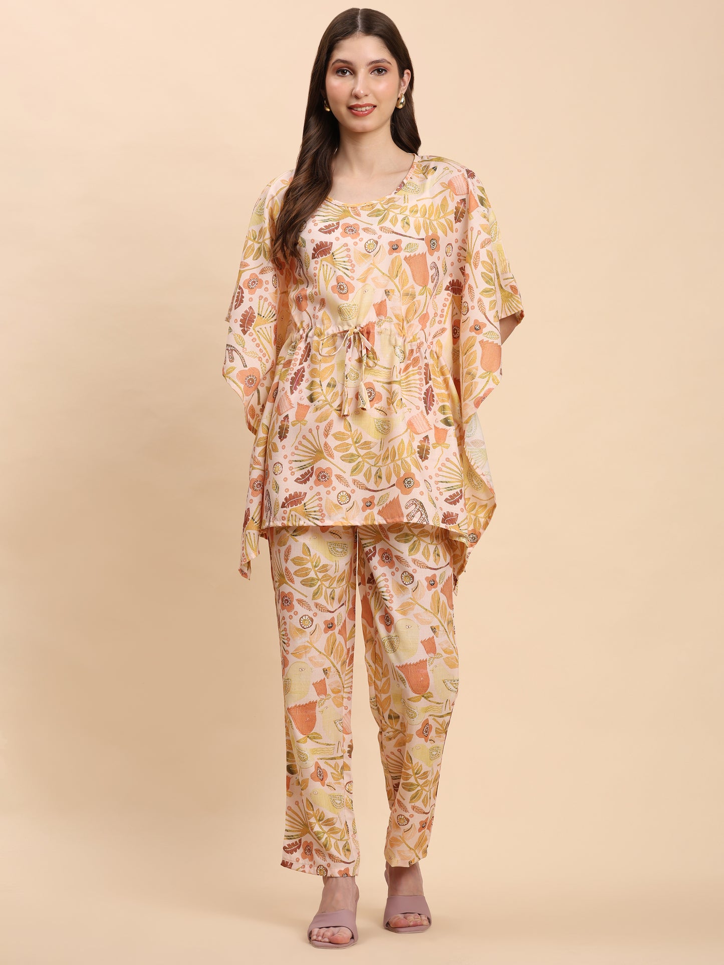 Noia Yellow Multi Abstract Floral Kaftan Top with Trousers