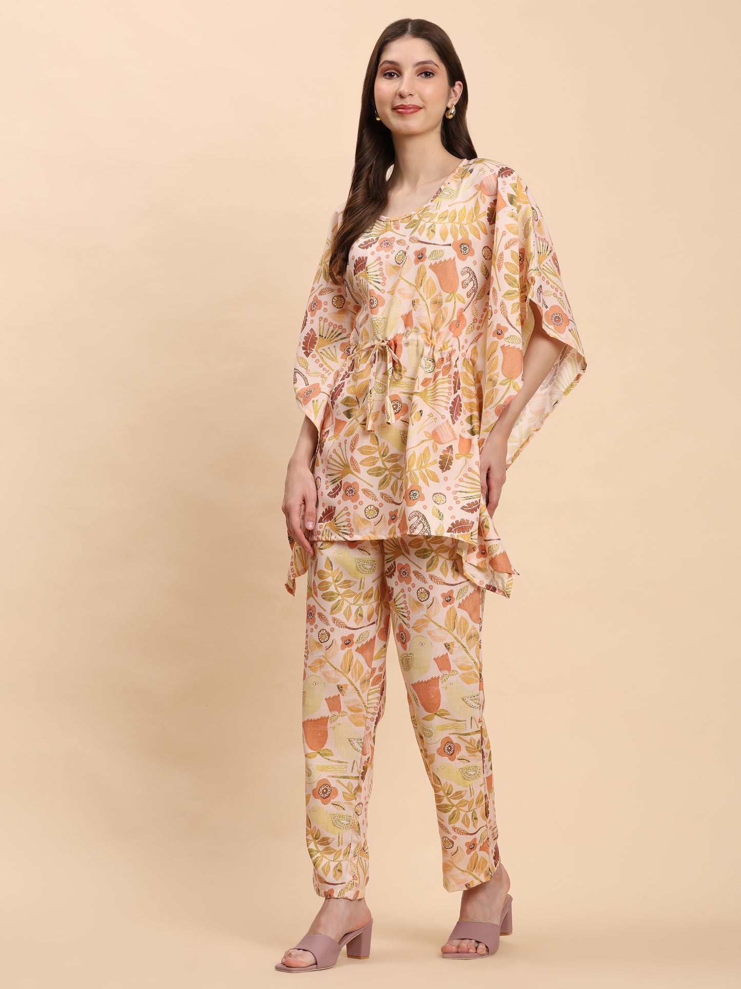 Noia Yellow Multi Abstract Floral Kaftan Top with Trousers