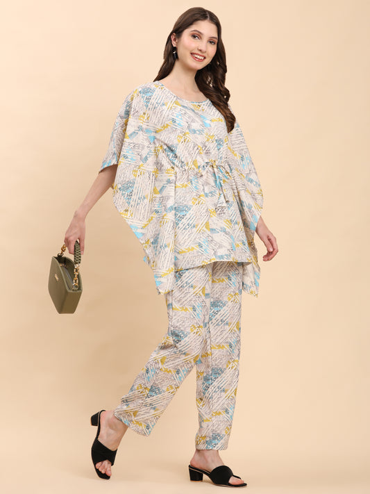 Noia White & Multi Geometric Kaftan Top with Trousers