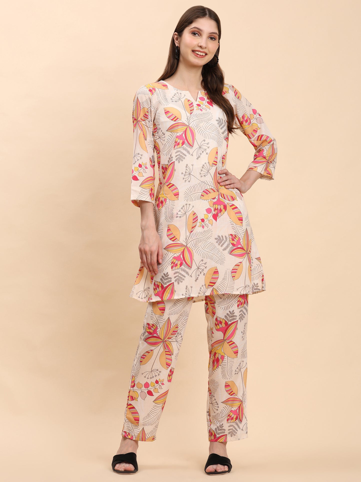 Noia Yellow & Multi Abstract Round Neck Top with Trousers