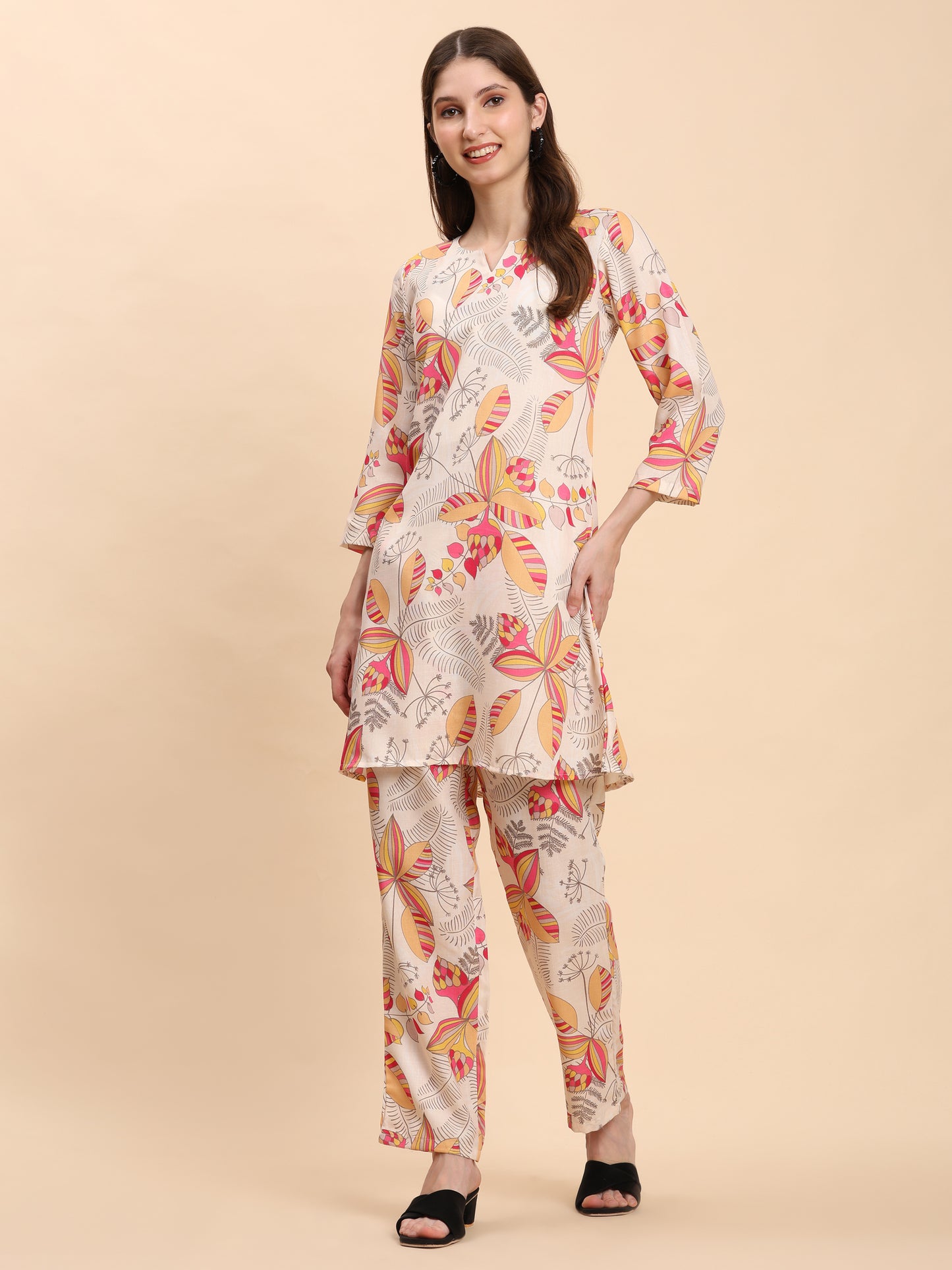 Noia Yellow & Multi Abstract Round Neck Top with Trousers