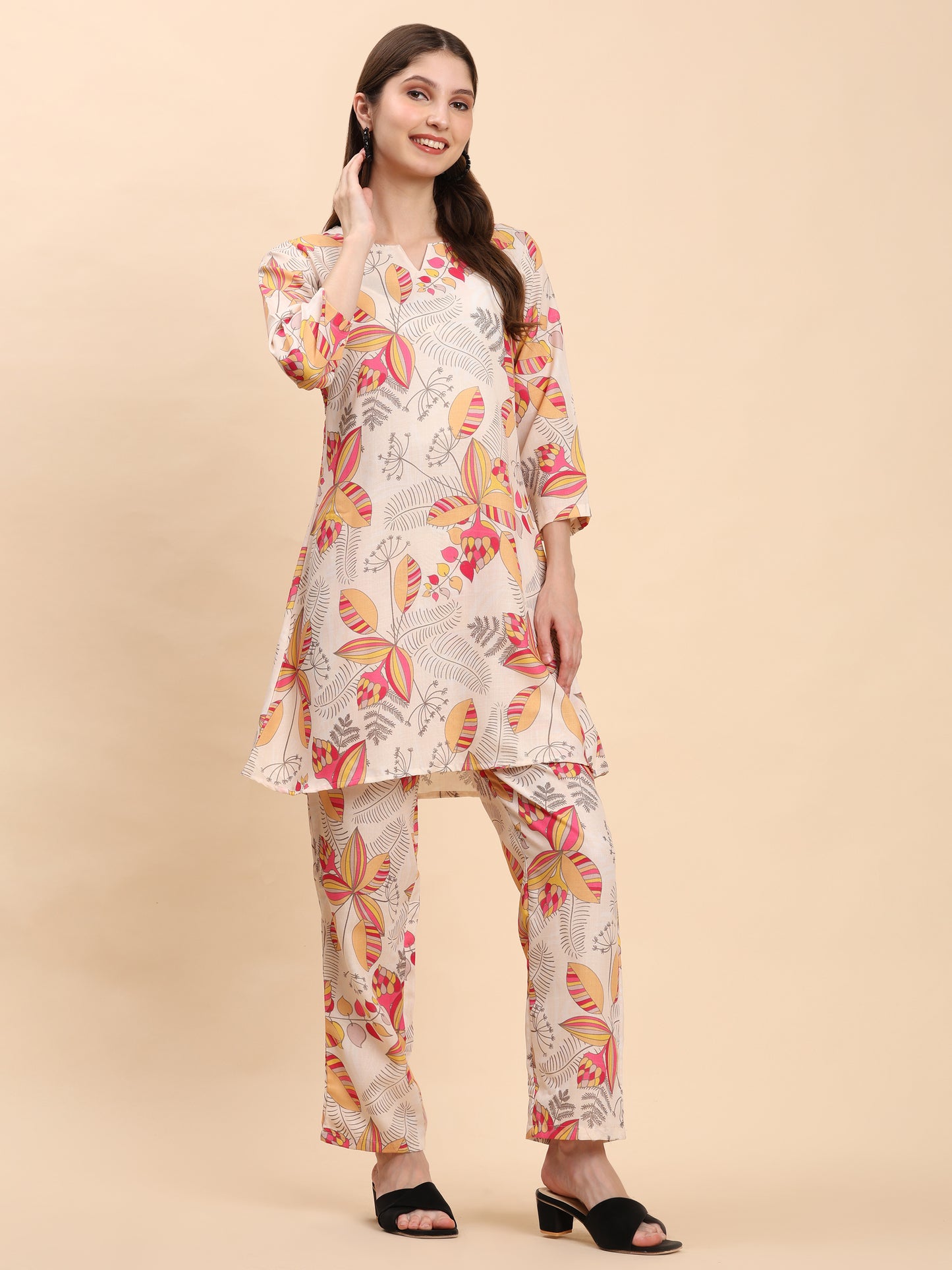 Noia Yellow & Multi Abstract Round Neck Top with Trousers
