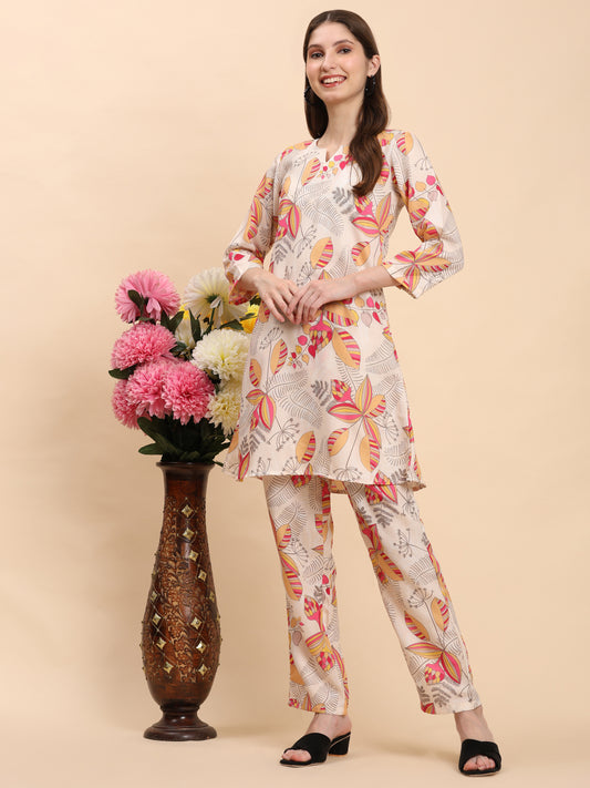Noia Yellow & Multi Abstract Round Neck Top with Trousers