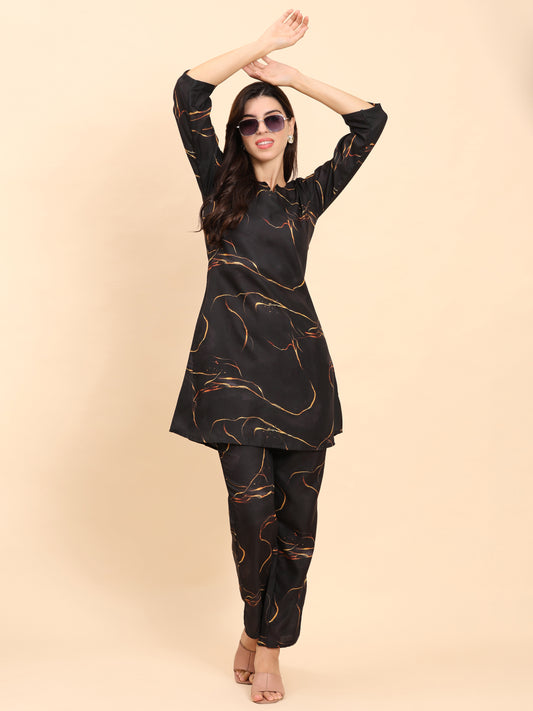 Noia Black & Gold Abstract Round Neck Top with Trousers