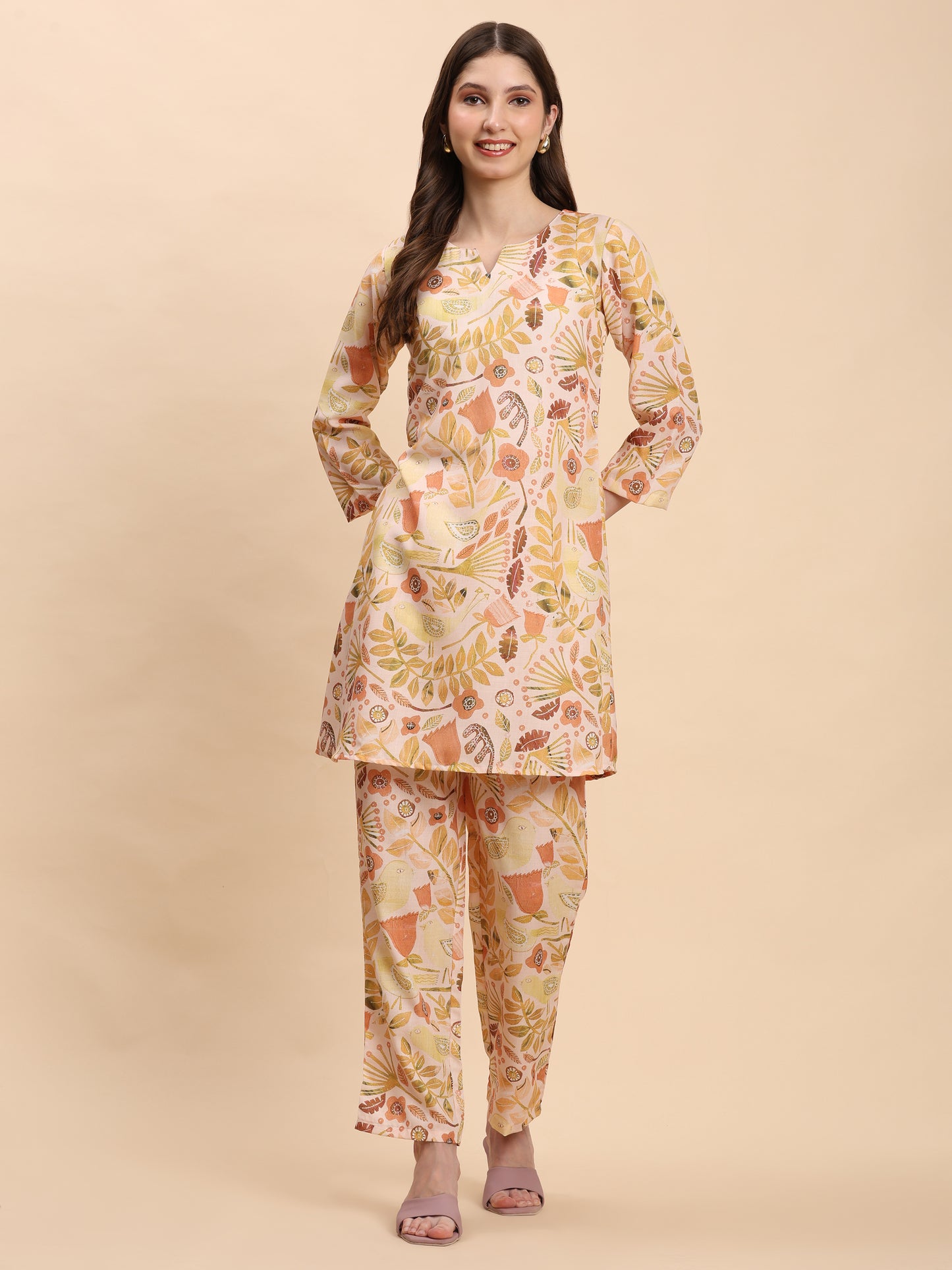 Noia Yellow Multi Abstract Floral Round Neck Top with Trousers
