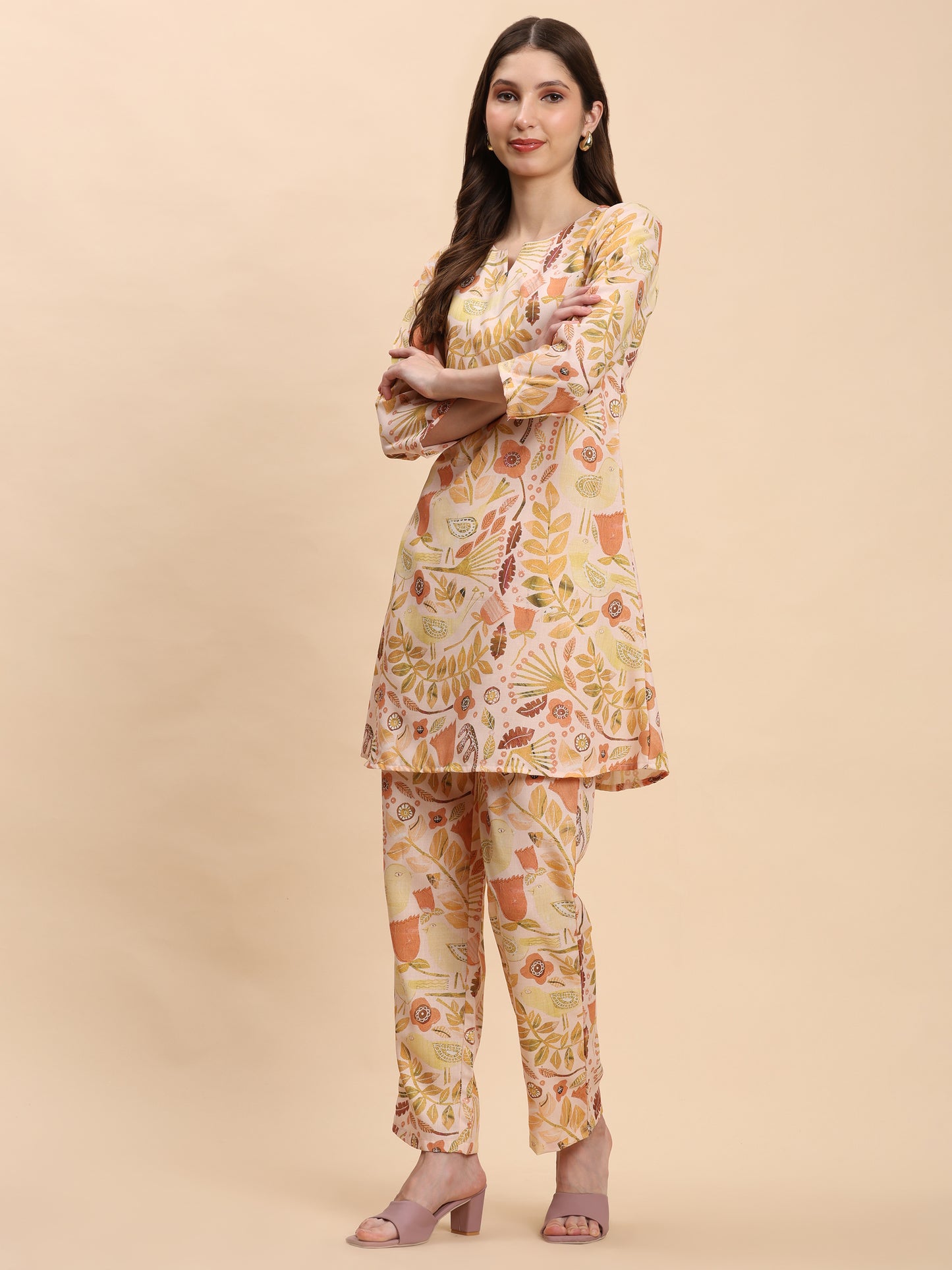 Noia Yellow Multi Abstract Floral Round Neck Top with Trousers