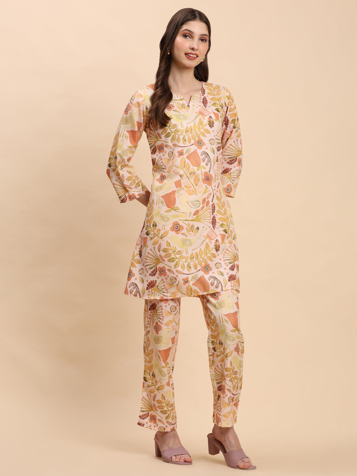 Noia Yellow Multi Abstract Floral Round Neck Top with Trousers