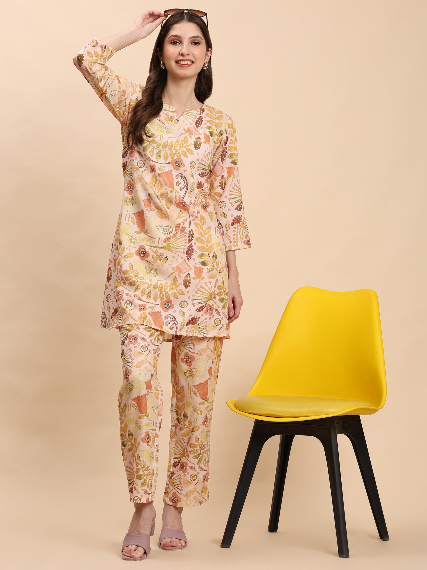 Noia Yellow Multi Abstract Floral Round Neck Top with Trousers