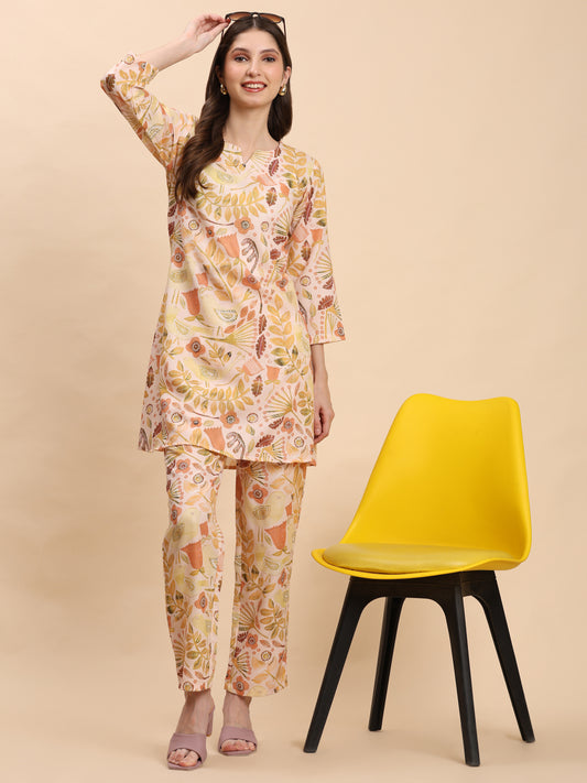 Noia Yellow Multi Abstract Floral Round Neck Top with Trousers