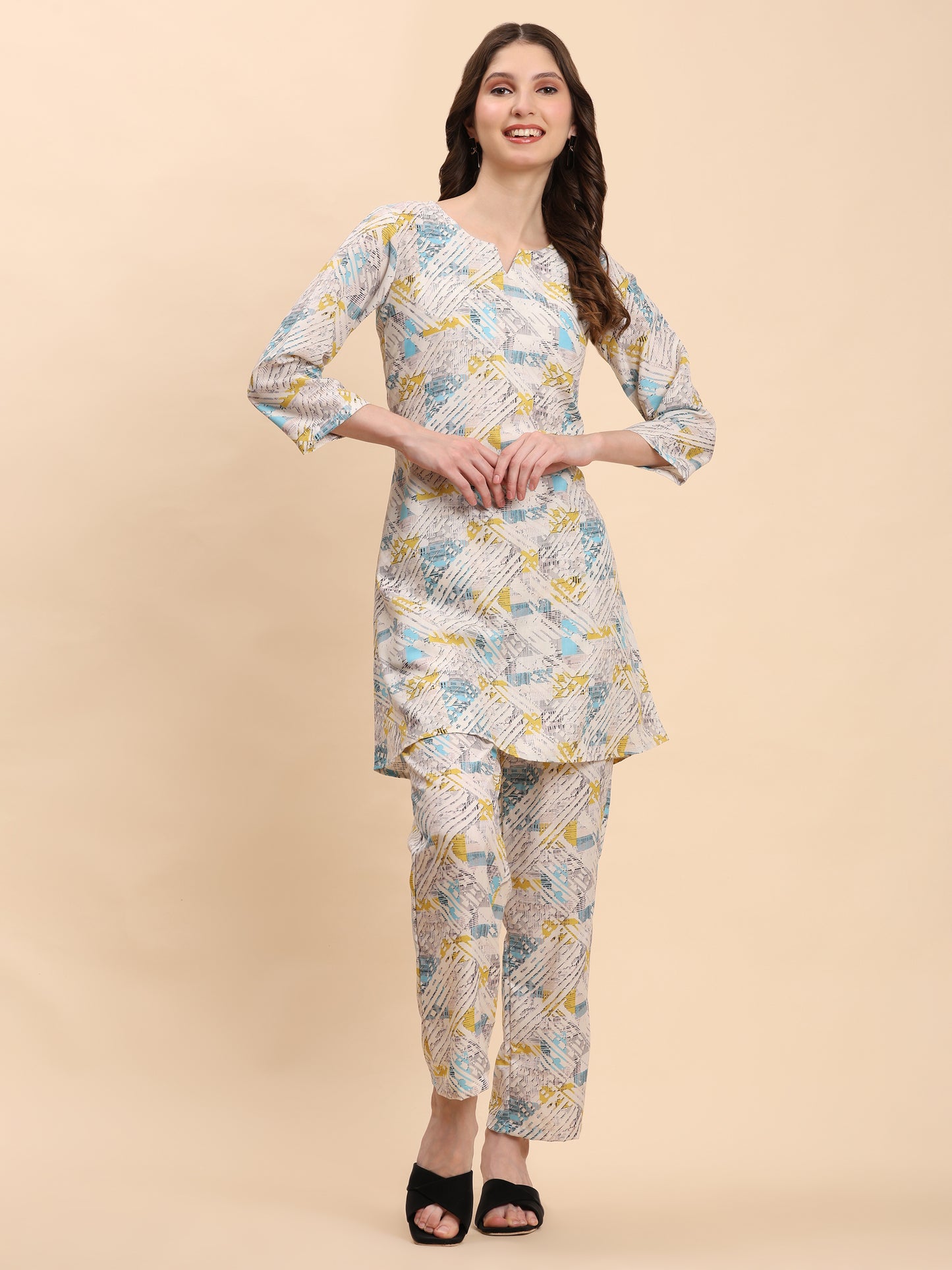 Noia White & Multi Geometric Round Neck Top with Trousers