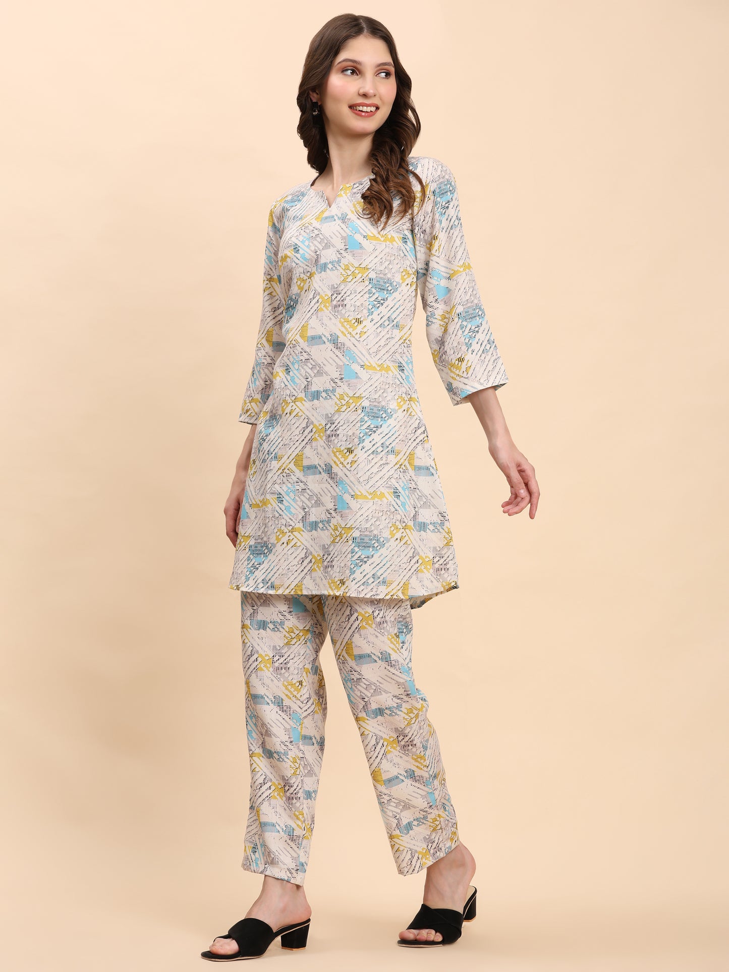 Noia White & Multi Geometric Round Neck Top with Trousers