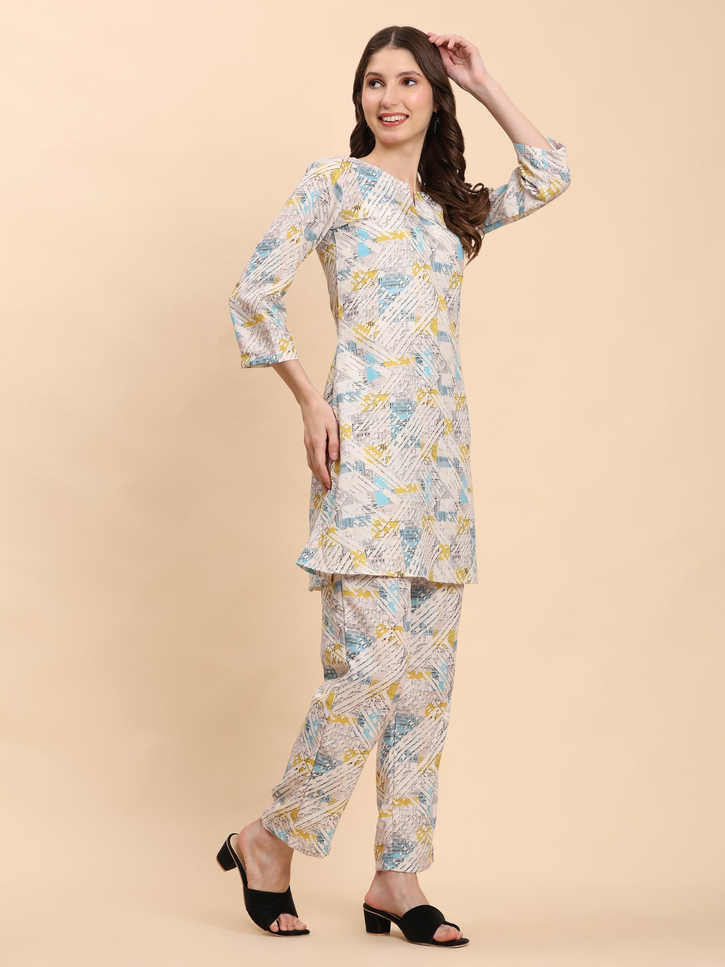 Noia White & Multi Geometric Round Neck Top with Trousers