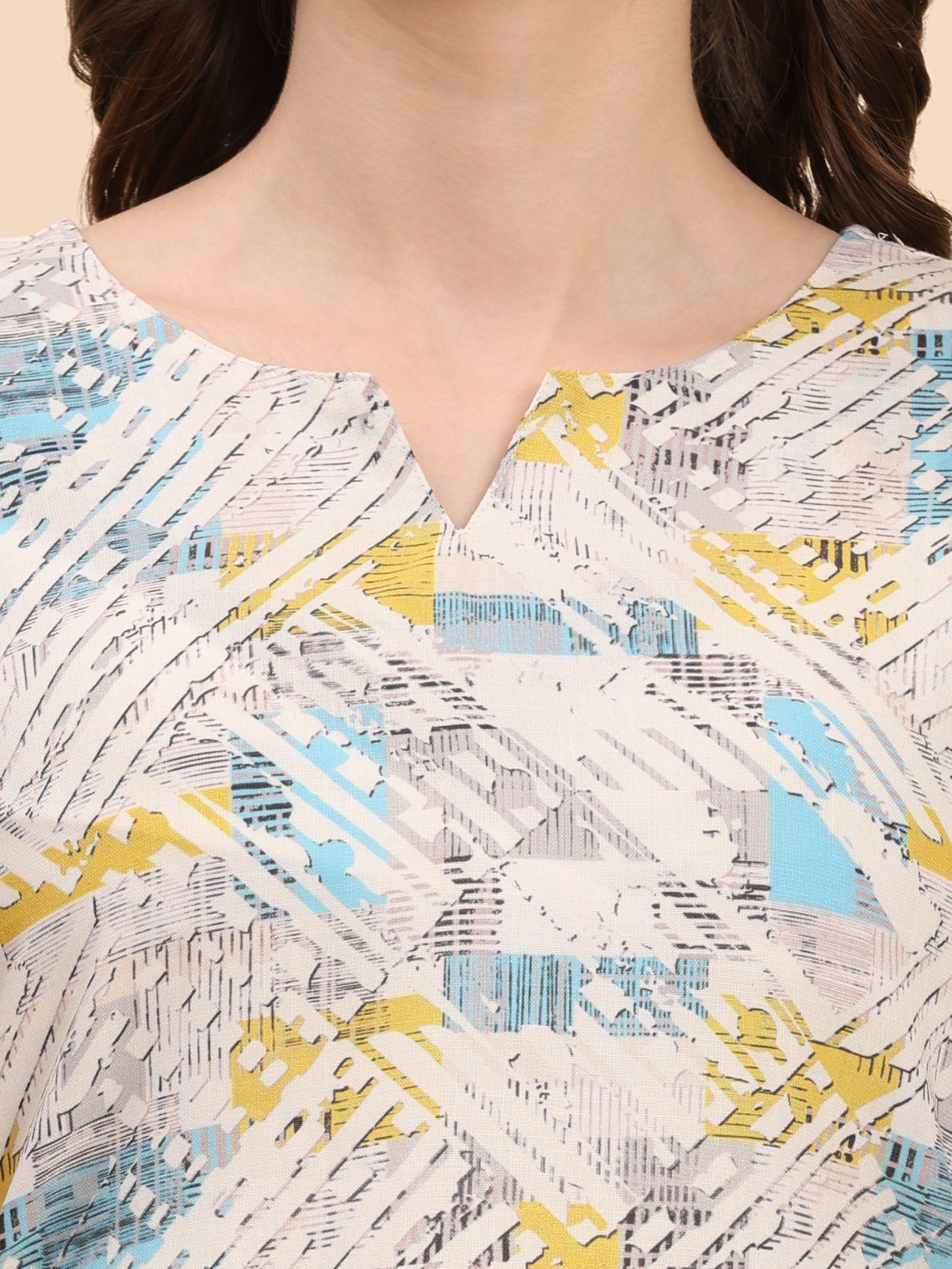 Noia White & Multi Geometric Round Neck Top with Trousers