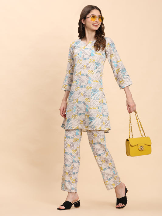 Noia White & Multi Geometric Round Neck Top with Trousers