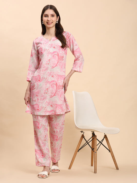 Noia Pink & White Paisley Round Neck Top with Trousers