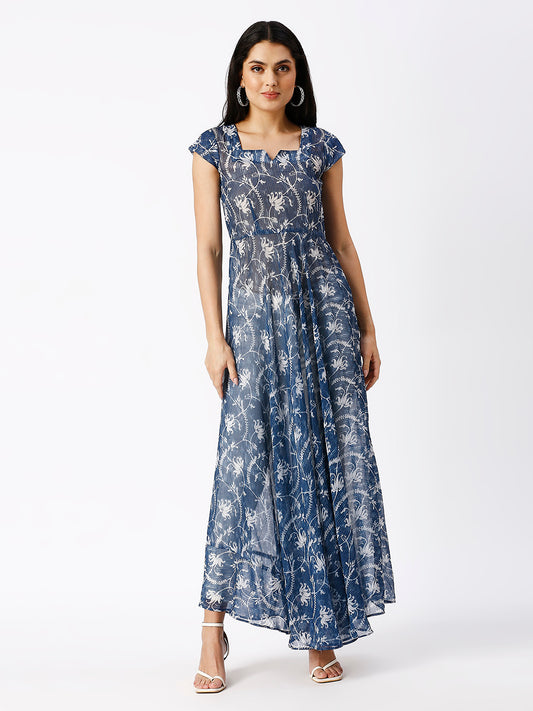 Noia Women Indigo Printed A-Line Maxi Dress