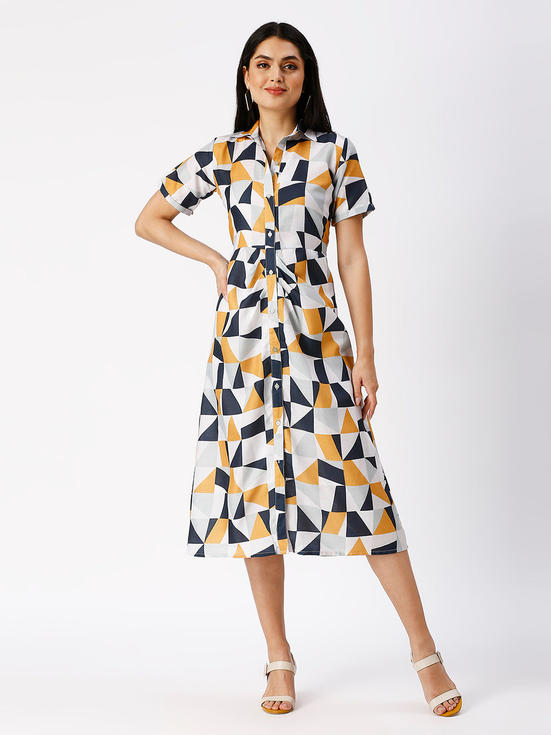 Noia Women Yellow and White Geometric Shirt Dress