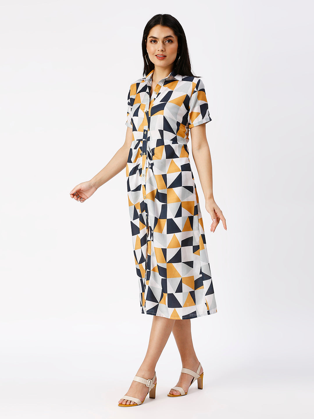 Noia Women Yellow and White Geometric Shirt Dress