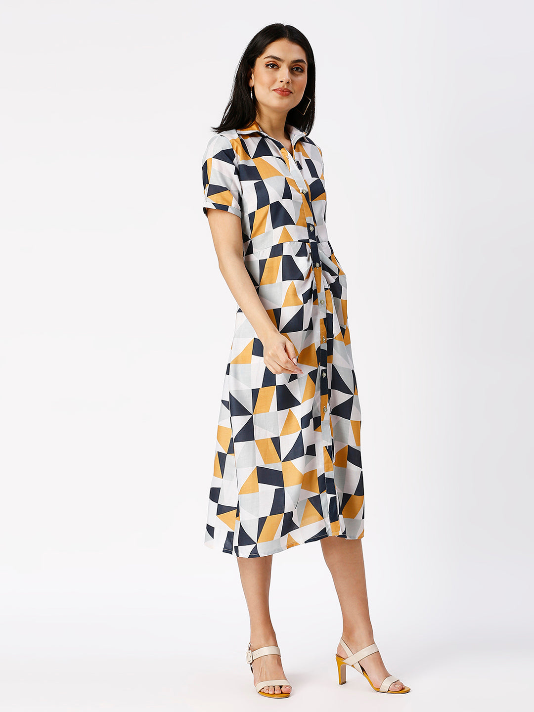 Noia Women Yellow and White Geometric Shirt Dress