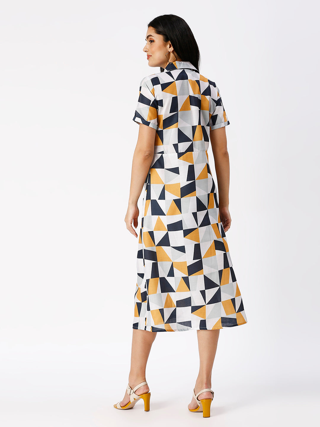 Noia Women Yellow and White Geometric Shirt Dress