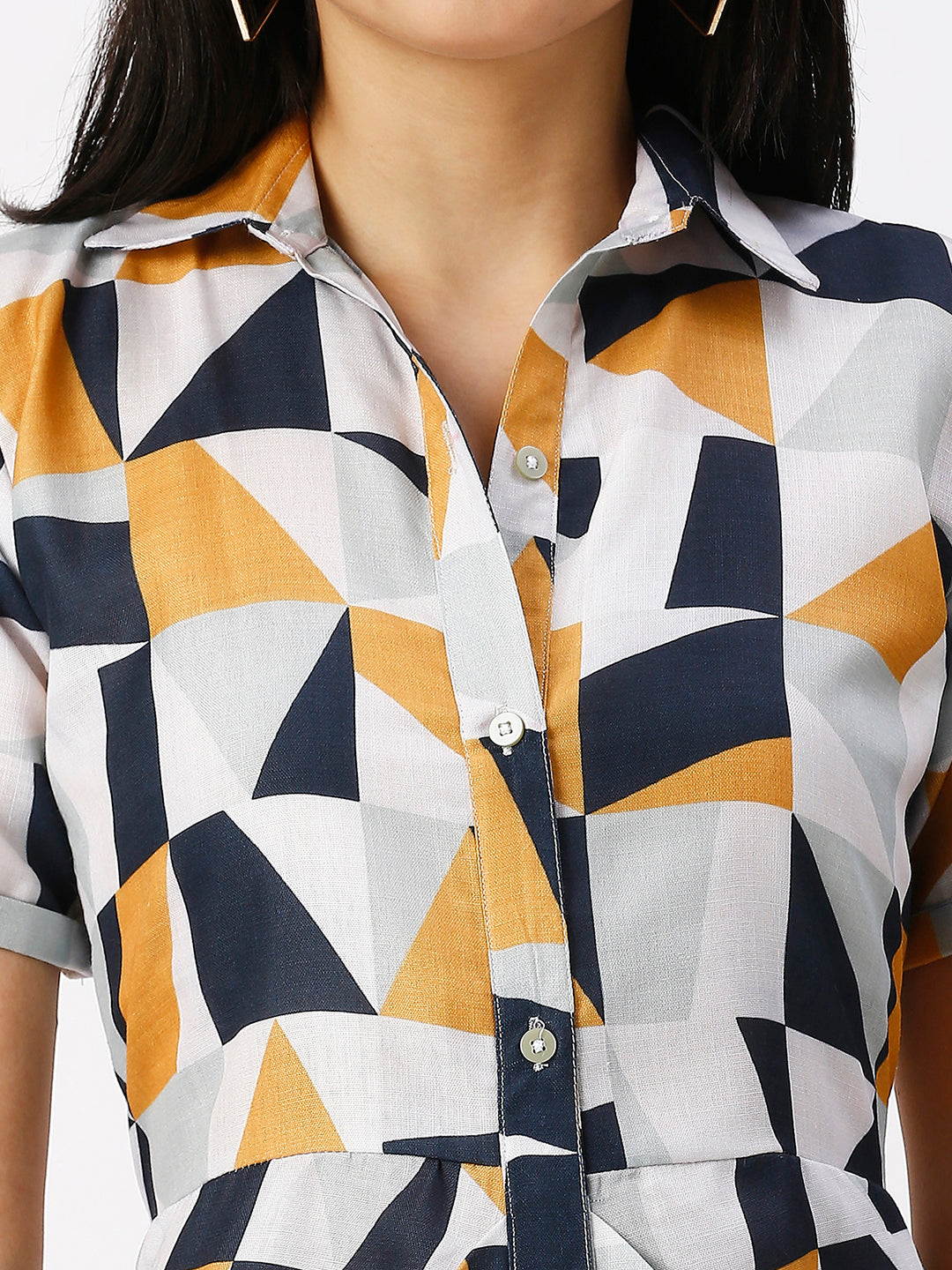 Noia Women Yellow and White Geometric Shirt Dress