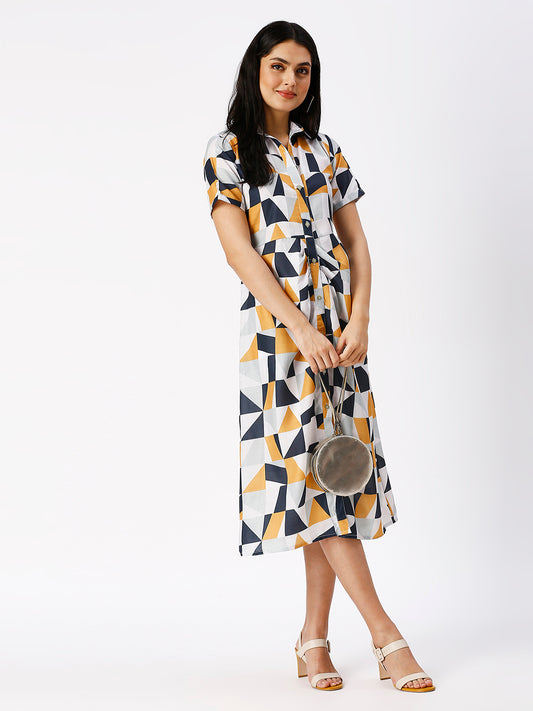 Noia Women Yellow and White Geometric Shirt Dress