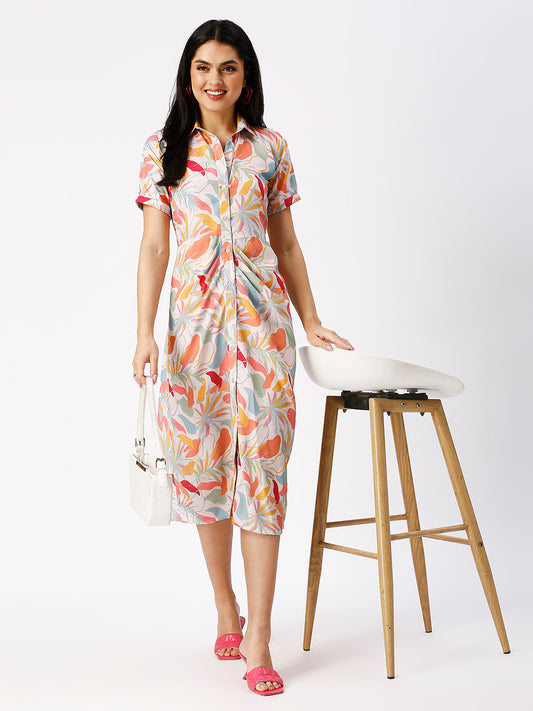 Noia Women Abstract Floral Gathered Shirt Dress