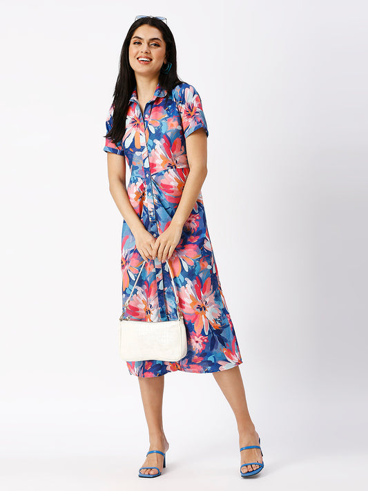 Noia Women Abstract Blue Gathered Shirt Dress