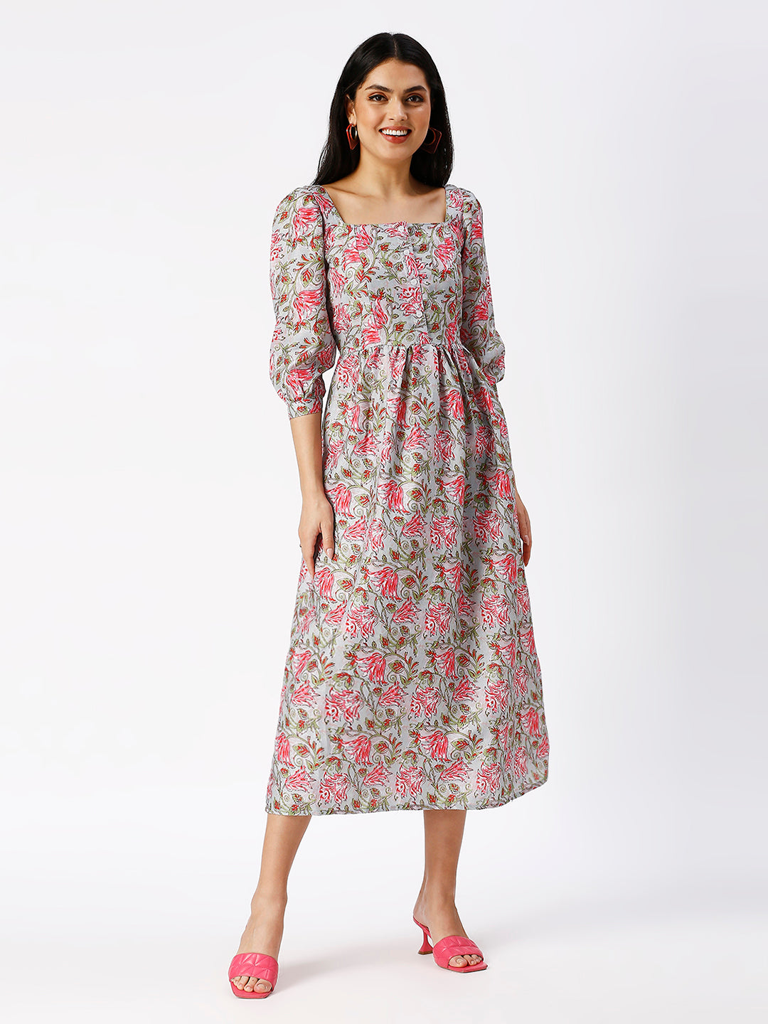 Noia Women Square Neck Ajrak Printed Midi-Dress