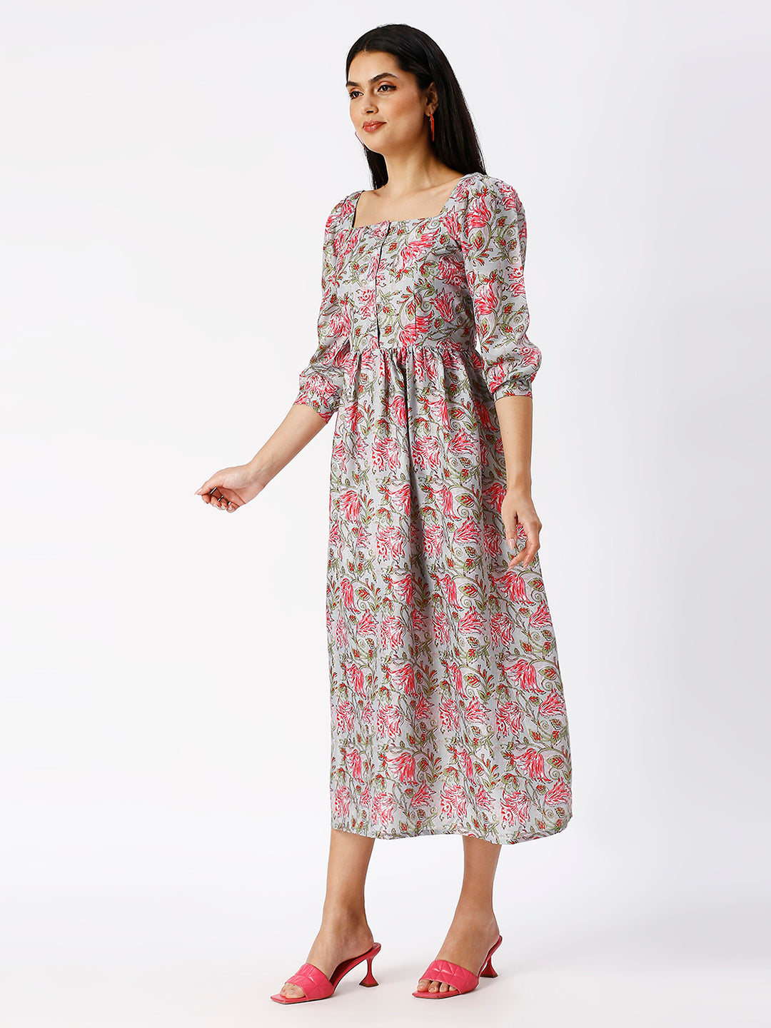 Noia Women Square Neck Ajrak Printed Midi-Dress