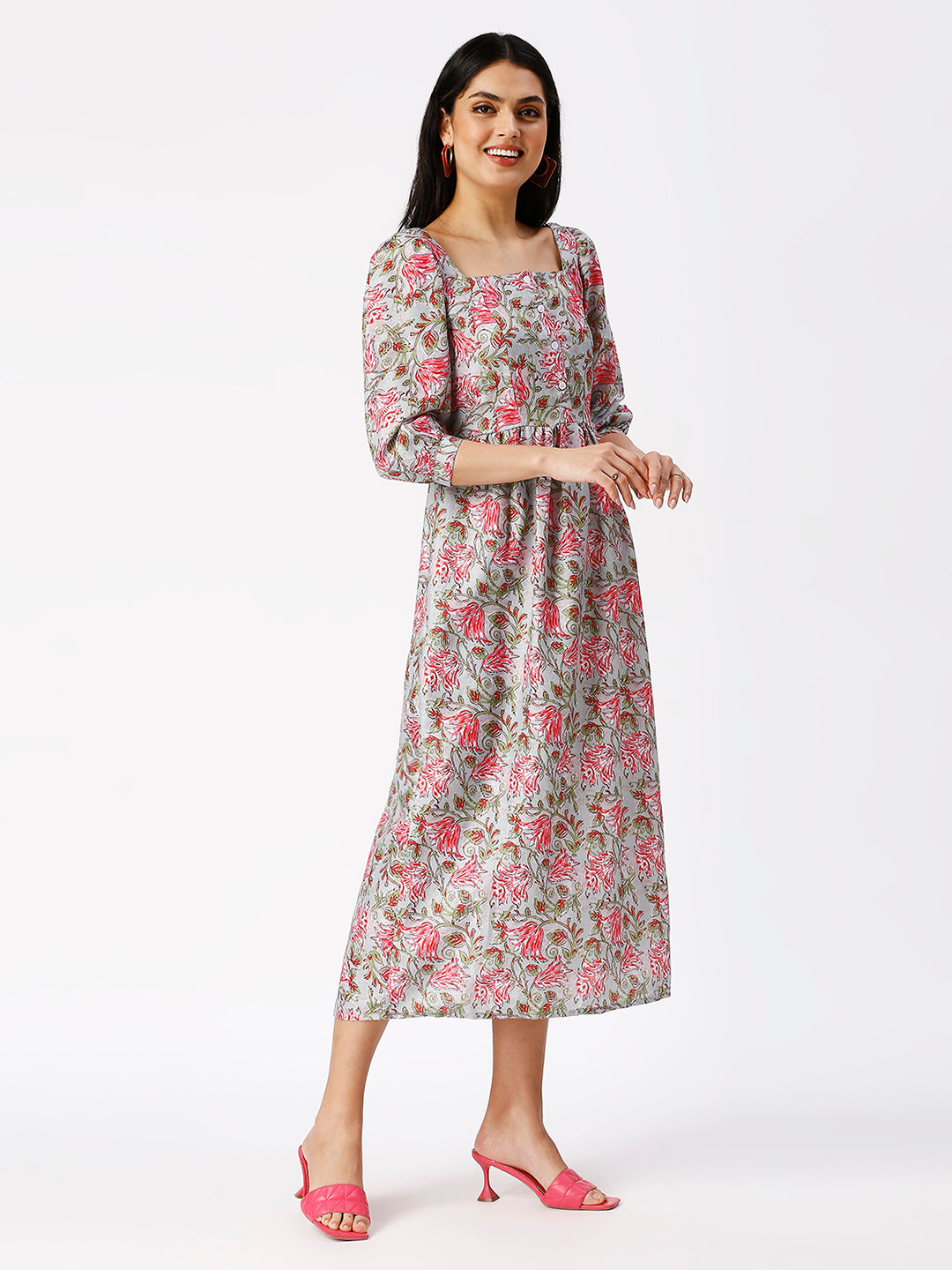 Noia Women Square Neck Ajrak Printed Midi-Dress