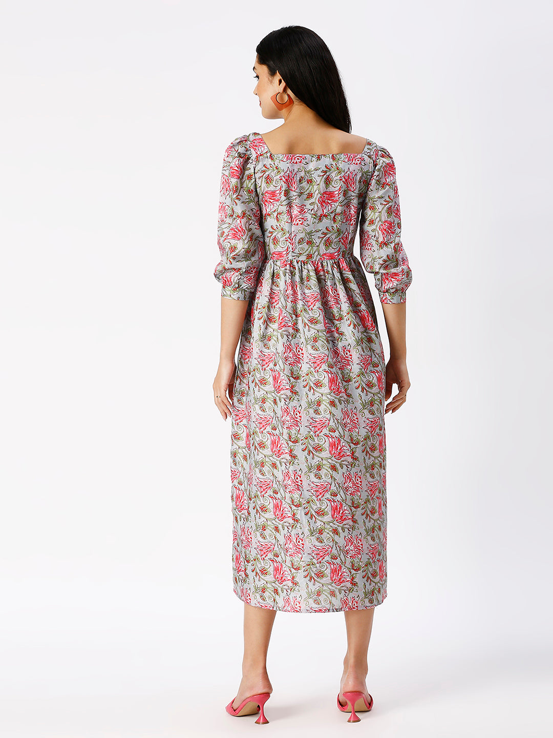 Noia Women Square Neck Ajrak Printed Midi-Dress
