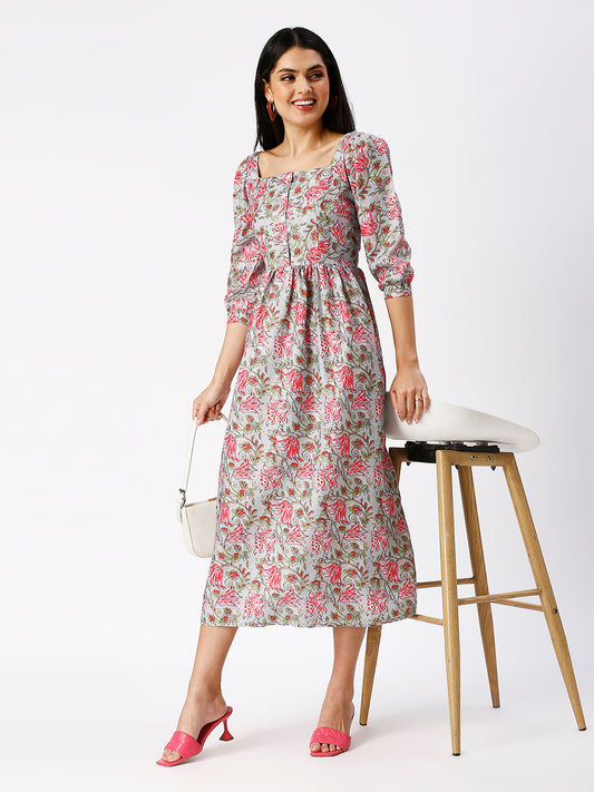 Noia Women Square Neck Ajrak Printed Midi-Dress