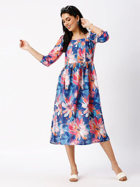 Noia Women Abstract Blue Floral Midi Dress