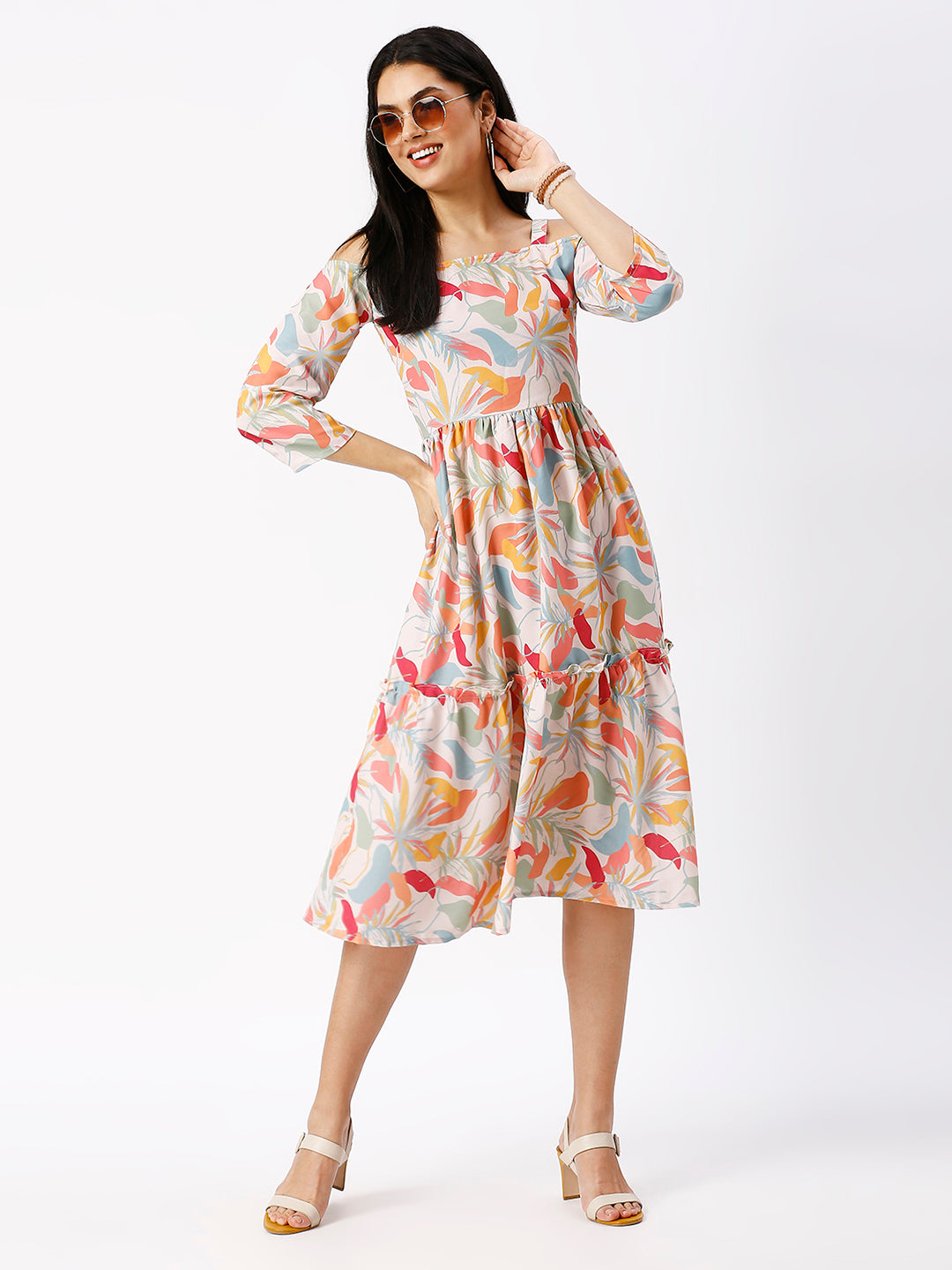 Noia Women Abstract Floral Off-Shoulder Midi Dress